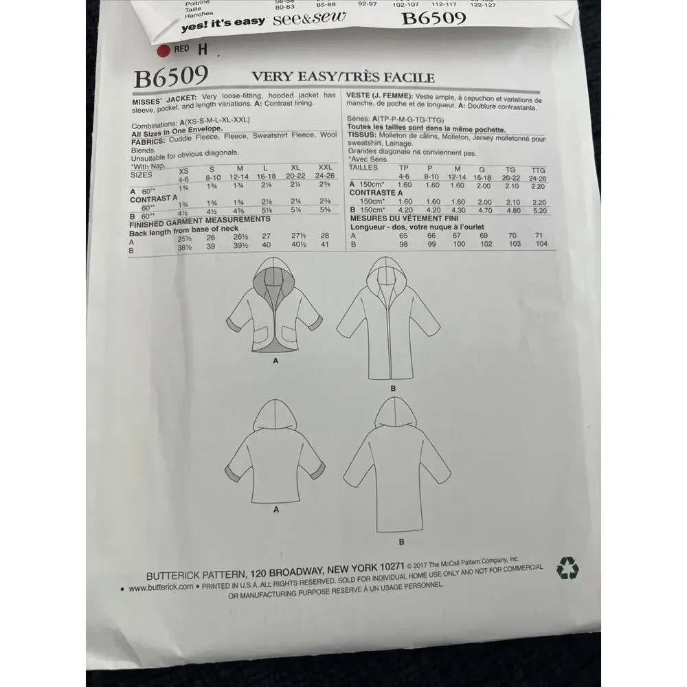 Butterick See & Sew B6509 Lined, Hooded Jacket w Sleeve Variations Sz 4-26 UNCUT